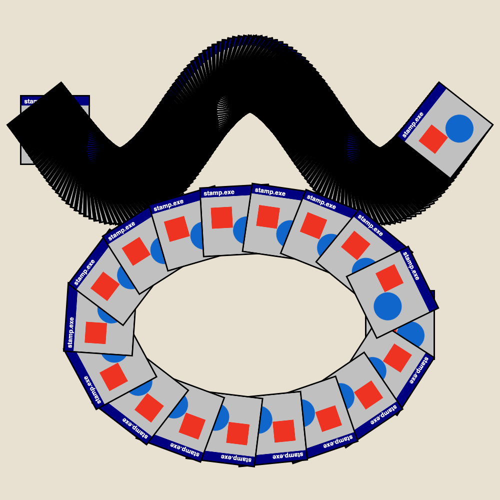 Ribbons and a looping trail made with a repeated stamp in Stamp Trail